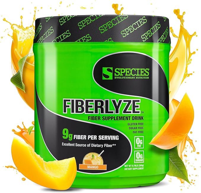 Species Nutrition Fiberlyze Fiber Supplement Psyllium Based Soluble &amp Insoluble Fiber Powder for Healthy Colon Digestive Functions (Mango 30 Servings)