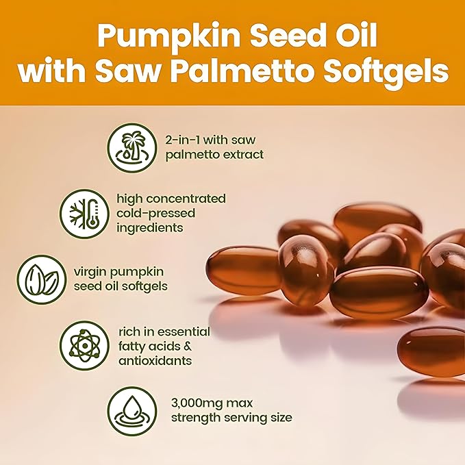 Pumpkin Seed Oil Capsules with Saw Palmetto – Cold Pressed Pumpkin Seed Oil Essential Fatty Acids &amp Phytosterols 300 Softgels for Prostate Bladder &amp Urinary Support Non-GMO 1 Pack