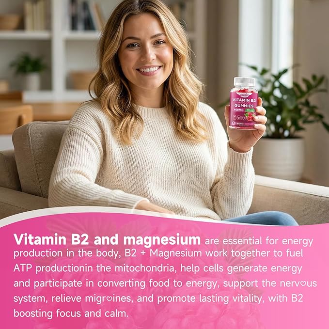 2 Pack Vitamin B2 Gummies Riboflavin 400mg Supplement with Magnesium for Kids &amp Adults B2 Gummies for Nervous System Support &amp Skin Health Raspberry Flavor 120 Count