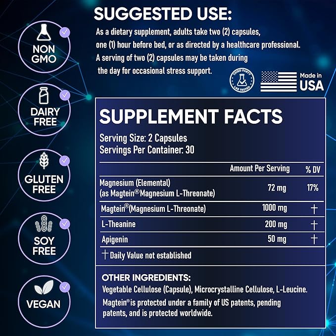 Clinically Studied – Premium High Absorption Magnesium Sleep Supplement – Magnesium L-Threonate L-Theanine Apigenin – Sleep &amp Stress Support – Third Party Tested – Made in USA – Gluten Free