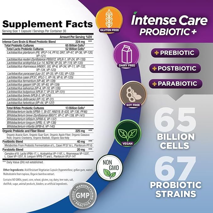 Vital Planet - Intense Care Brain &amp Mood Probiotics Organic Prebiotics Postbiotics Parabiotics Complete 4-in-1 Health Supplement for Adults 65 Billion CFU 67 Strains Digestive and Immune 30