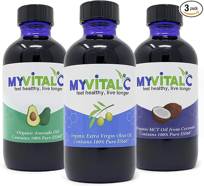 MyVitalC Combo of Organic Extra Virgin Olive Oil MCT &amp Avocado Oil - ESS60 Antioxidant Supplement - for Anti-Aging Longevity Sleep Energy - Pack of 3