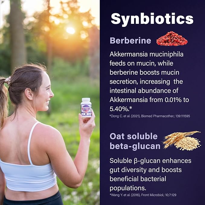 FOLONA Delayed Release Akkermansia GLP-1 Probiotic with Berberine and Soluble Beta-Glucan Prebiotic Fiber 3 Billion AFU 60 Capsules (2 Months Supply) for Gut Health Support