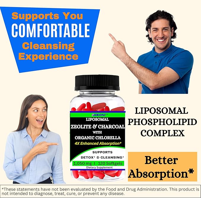 Nikoni Liposomal Zeolite Activated Charcoal &amp Organic Chlorella Supports Full Body Detox (480 Softgels)
