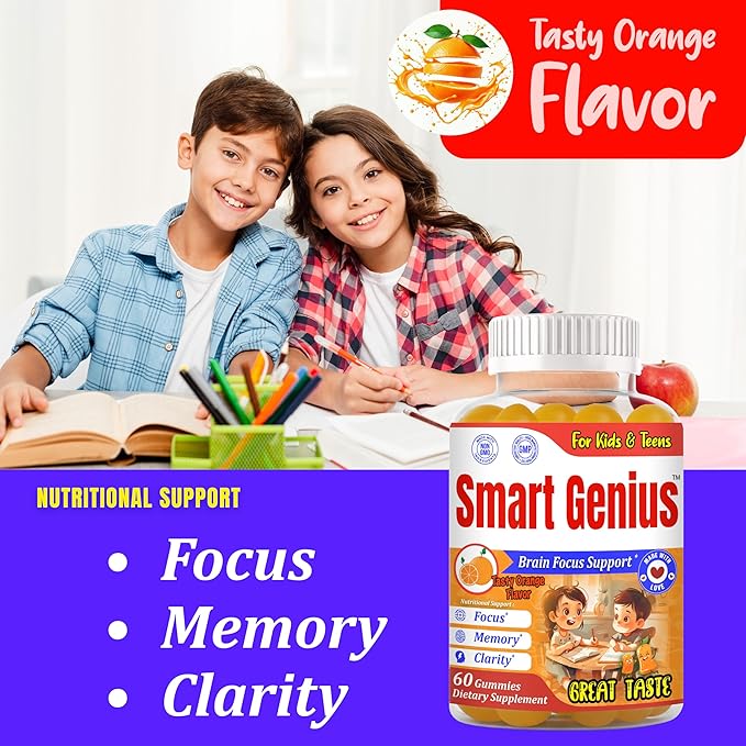 Smart Genius Omega 3 for Kids Focus and Attention Supplements Kids Vitamin Gummies Focus Supplement for Kids Brain Support Teen Vitamin- 60 Gummy