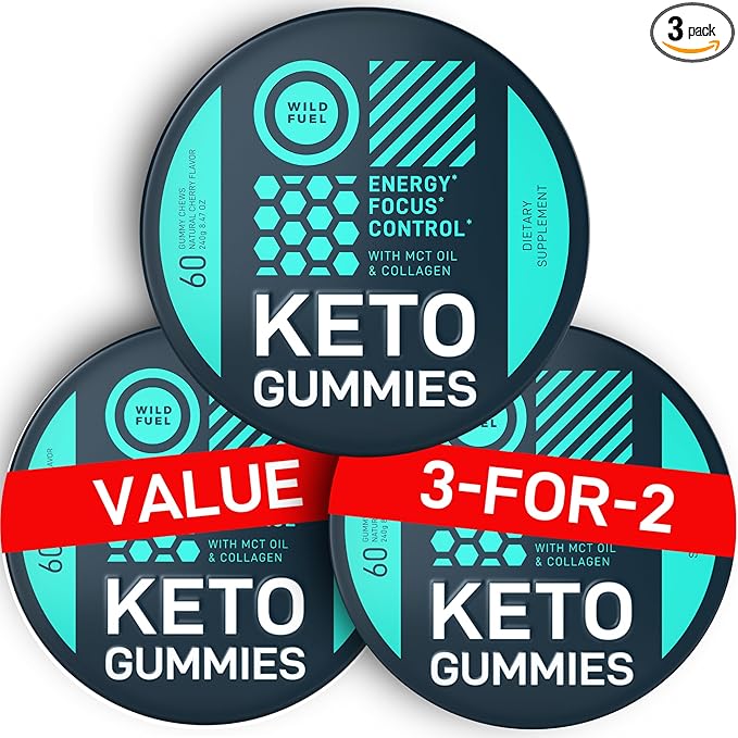 WILD FUEL MCT Oil Keto Gummies with Collagen - Pre Workout Gummy Keto Candy - Physical and Mental Energy Low Carb Low Calorie - 3-Month Supply 180 Cherry Collagen Gummies for Women and Men