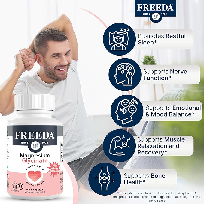 Freeda Magnesium Glycinate | High Absorption Chelated Magnesium | No Oxide | Supports Sleep Muscle &amp Nerve Function | Non-GMO Vegan Kosher | Gentle on Digestion | 90 Capsules