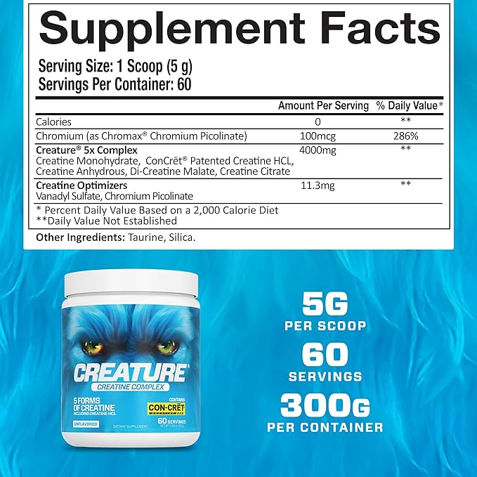 CREATURE® Creatine Complex - Creatine Monohydrate Powder with 5 Types of Creatine Including Con-Crēt® Creatine HCL Promotes Muscle Strength Endurance Brain Health Unflavored 300g 60 Servings