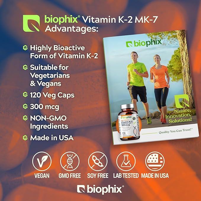 biophix Vitamin K2 MK-7 300mcg 120 Vegan Capsules – High-Potency Supplement for Bone Strength and Immune Health