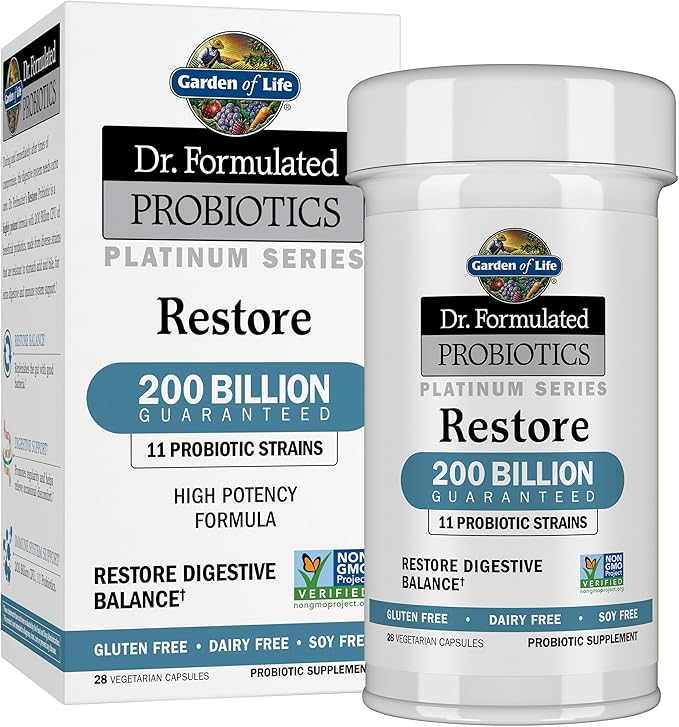 Garden of Life Dr. Formulated Probiotics Platinum Series Restore 200 Billion CFU Guaranteed High Potency Probiotic Formula Vegan Non-GMO Gluten Dairy Free Digestive Immune Support 28 Capsules