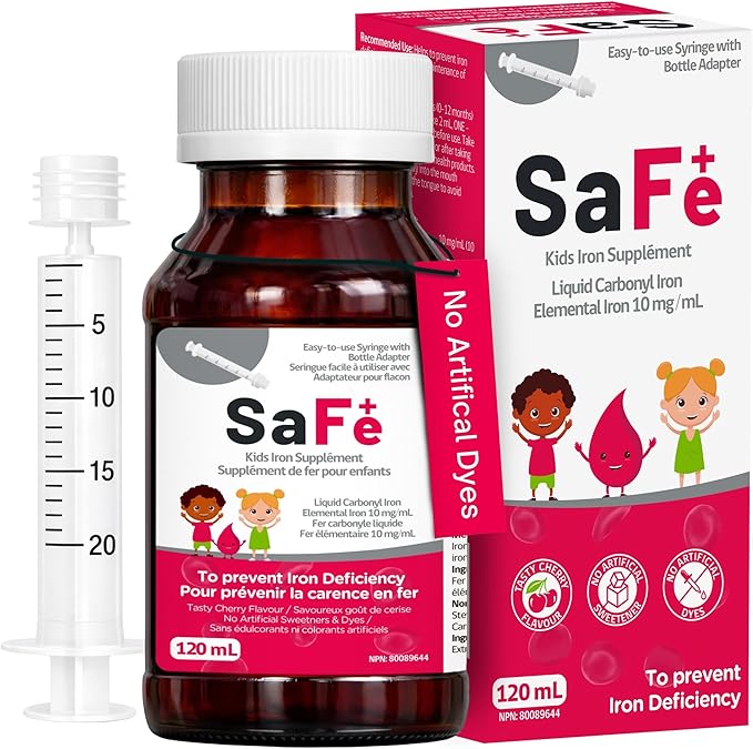 Safe+ Liquid Iron Supplement for Kids &amp Infants 10 mg/mL Carbonyl Iron Liquid Gentle on Stomach No Artificial Sweeteners or Dyes Great-Tasting Cherry Flavor 4 oz