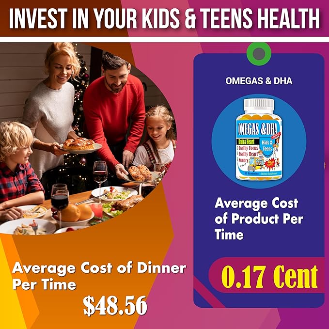 Kids Omega 3 Gummies with DHA &amp EPA – Omega 3 Supplement for Kids &amp Teens Supports Brain Focus &amp Memory Eye Health Great Taste Non-GMO 60 Count