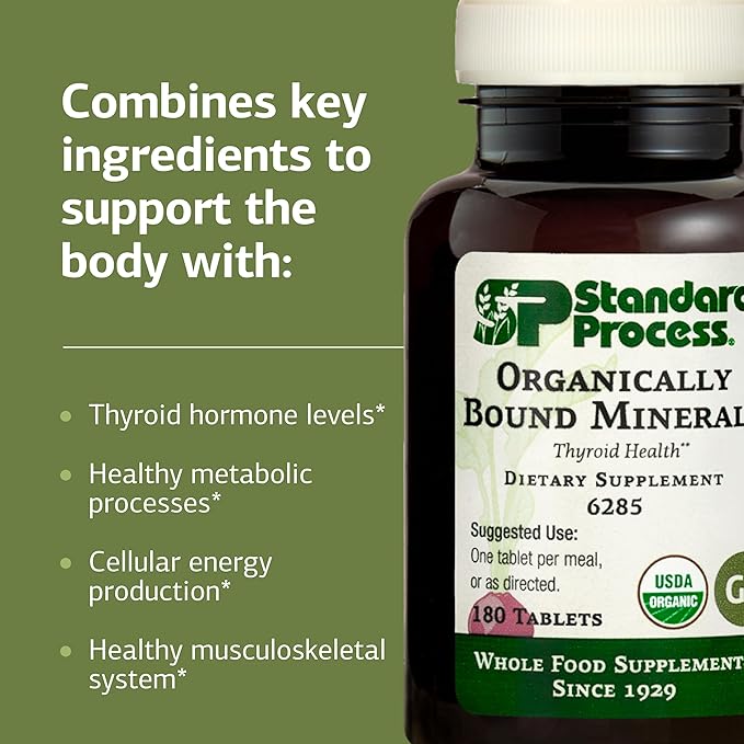 Standard Process Organically Bound Minerals - Supports Thyroid Function &amp Nervous System Health - Contains Iodine from Alfalfa &amp Kelp - Gluten-Free Non-Dairy &amp USDA Organic - 180 Tablets