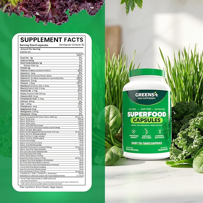 Greens+ Organic Superfood Capsules Organic Spirulina and Chlorella with Alfalfa &amp Wheat Grass Vitamins &amp Minerals Supplements Gluten-Free Vegan Non-GMO 240 Count