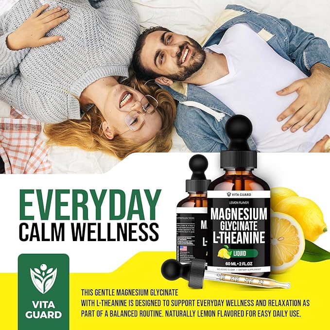 Vita Guard Magnesium Glycinate Liquid Drops 500mg – Liquid Magnesium Supplement with L-Theanine 200mg – Sleep Calm Stress Relief Muscle &amp Nerve Health – Gluten Free No Sugar Vegan 2 Fl Oz