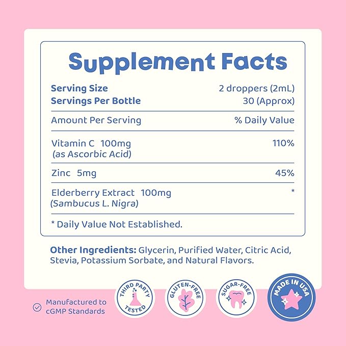 JoySpring Vitamin C and Zinc for Kids Elderberry Liquid Supplement | Alcohol-Free Toddler Vitamin C | 3+ Years | (2 fl oz) 30 Servings (Pack of 2)