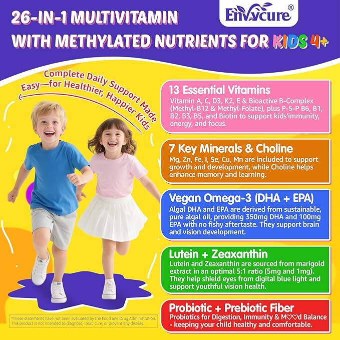 Kids Multivitamin Gummies with Iron 450mg Algae Omega-3 Methylated B12 Folate Fiber 2g Probiotics Magnesium A C D K ZincChildren Vitamins for Growth Brain Eye Gut ImmuneKids 4+ 120Cts