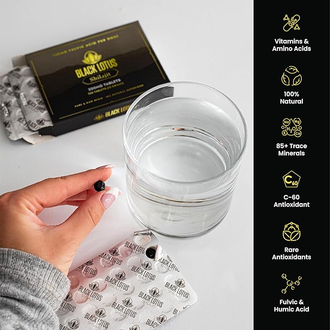 Black Lotus Shilajit Resin Tablets 60 Count 200mg Each 100% Pure Natural Shilajit for Men &amp Women with Amino Acids 140mg Fulvic Acid 85 Ionic Trace Minerals for Immune Support Focus Energy