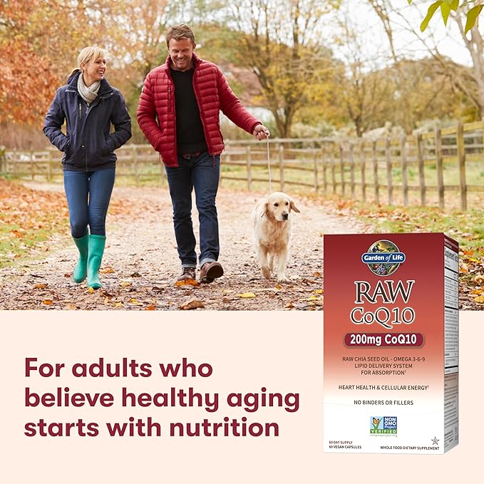 Garden of Life CoQ10 200mg Vegetarian Omega 3 6 9 Supplement Raw Co Q 10 Chia Seed Oil Whole Food Nutrition with Antioxidant Support Coenzyme q10 Supplement for Heart Health 60 Capsules