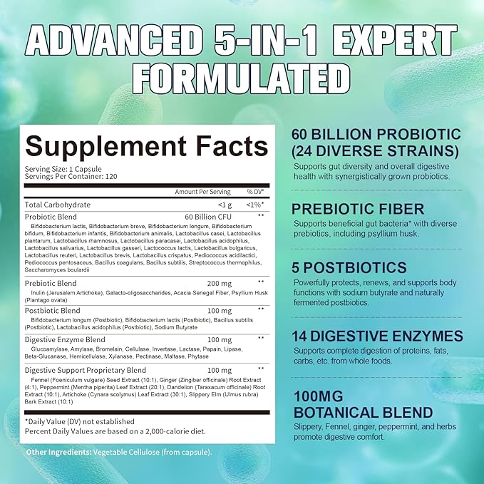 Totaria 5-in-1 60 Billion CFU Probiotic Prebiotic &amp Postbiotic for Women &amp Men w/Digestive Enzymes Slippery Elm Daily Complete Gut Health Digestive &amp Immune Support 4 Month Supply Ve