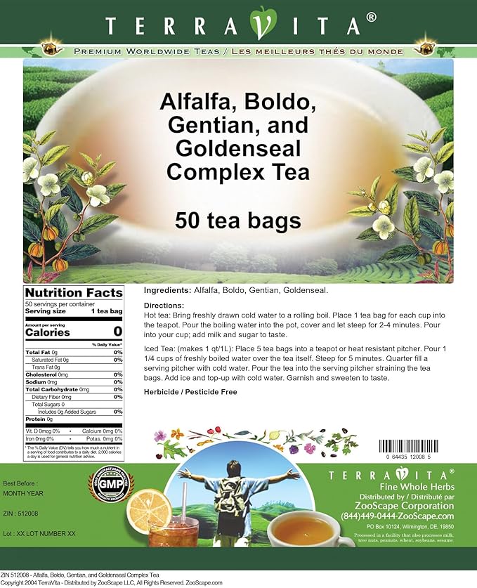 Alfalfa Boldo Gentian and Goldenseal Complex Tea (50 tea bags ZIN: 512008) - 3 Pack