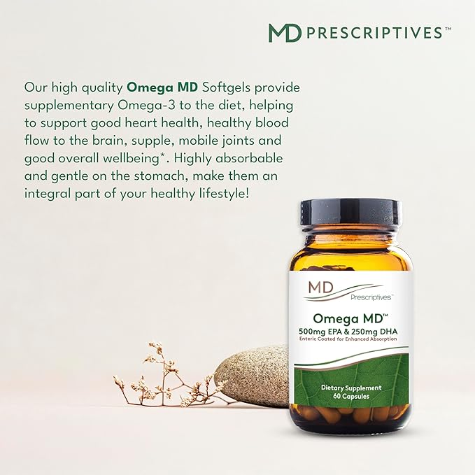 MD Prescriptives Omega MD Supplement - 500 EPA &amp 250 DHA Omega 3 Fish Oil - Supports Brain Health &amp Joints* - No Fishy Smell - 60 Softgels