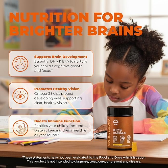Premium Kids Omega 3 Gummies – Orange Flavor Fish Oil for Kids – Omega 3 Gummies for Children – No Fish Burps – Brain Eye &amp Immune Support – 2 Month Supply