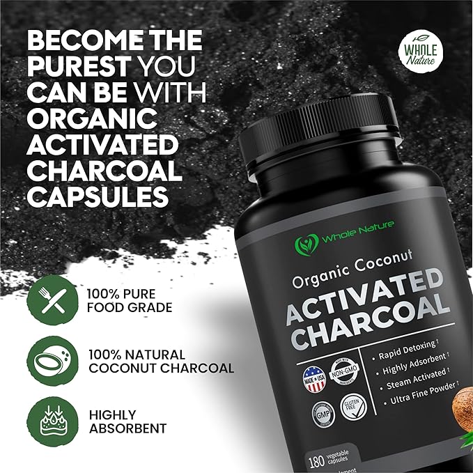 Coconut Activated Charcoal Capsules 180 Charcoal Capsules Teeth Whitening Helps Constipation Bloating Stomach Gas Heartburn Pure Coconut Derived Supplement (3)