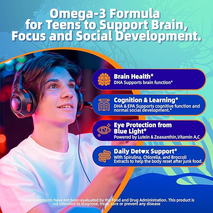 Vegan Omega-3 Gummies - 1000mg Algae Oil with 650mg DHA &amp 250mg EPA for Teens &amp Adults - Plus Vitamin D3 AC Lutein Zeaxanthin Magnesium for Eye &amp Immune Health Brain - Sugar Free No