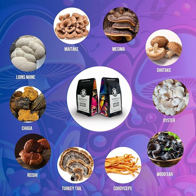 Genius Bean House Blend Mushroom Coffee Medium Roast Ground Coffee with Lion's Mane Chaga Reishi Cordyceps L-Theanine Organic Fair-Trade Beans 8 oz