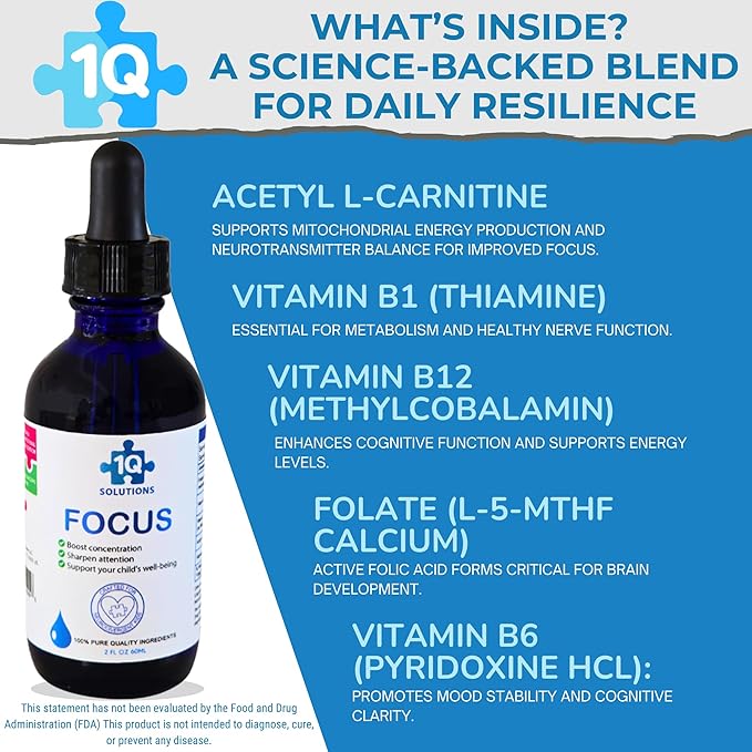 1Q Focus – Liquid Cognitive &amp Brain Support Natural Drops for Kids | Acetyl L-Carnitine + B1 B6 B12 &amp Folate | Sugar-Free Vegan Non-GMO Gluten-Free | Advanced Absorption | 2 fl oz 30 Serv