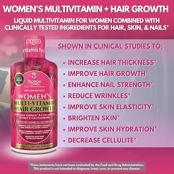 Tropical Oasis Women's Liquid Multivitamin + Hair Growth | Clinically Tested for Thicker Hair Wrinkles Brighter Skin Strong Nails | 2.5g Verisol Collagen | Biotin 12500mcg | 32 Serv
