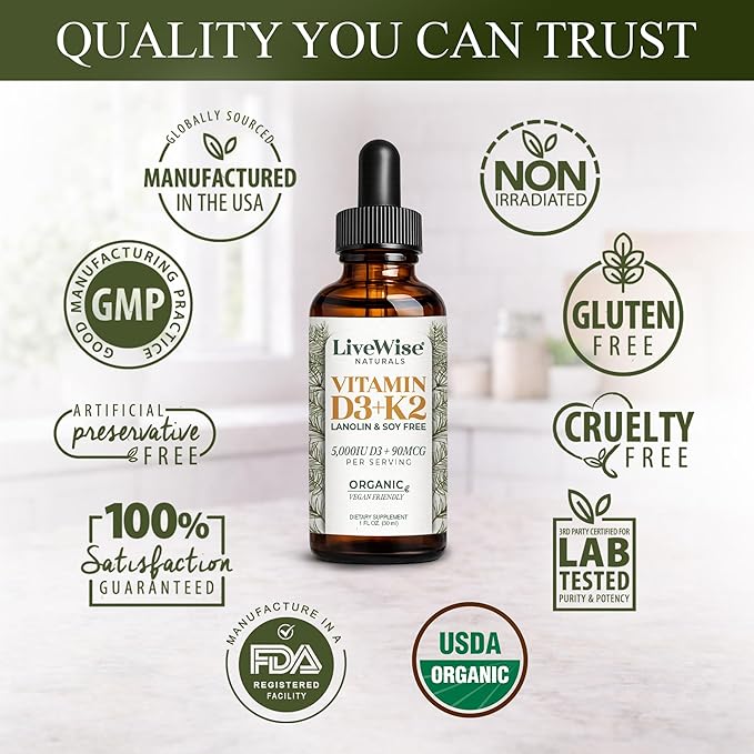 Live Wise Naturals Vegan D3 K2 Vitamin 5000 IU 90 MCG (MK-7) Drops - 60 Servings Ultra Concentrated Formulation and Fast Absorption - Precision Micro-Dosing Dropper for Cognitive &amp Immune Suppo