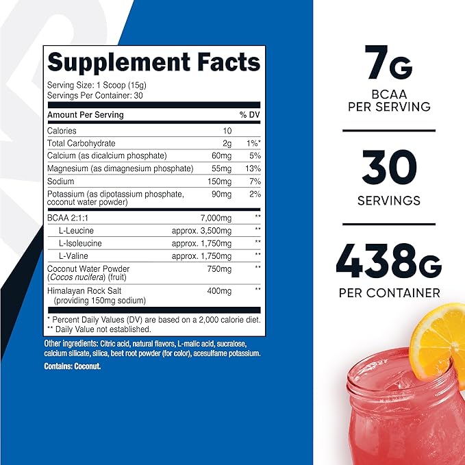 Nutricost BCAA + Hydration Powder (Raspberry Lemonade) 30 Servings - Branched Chain Amino Acids with Hydration Complex - Gluten-Free Non-GMO