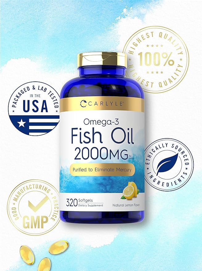 Carlyle Fish Oil Omega 3 Supplements | 2000mg | 320 Softgels | EPA &amp DHA | 600mg Total Omega-3 | Non-GMO Gluten Free Pills