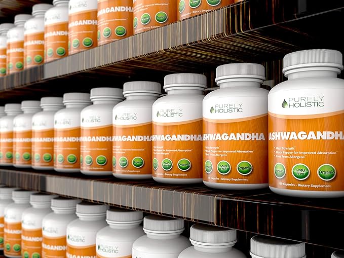 Purely Holistic Organic Ashwagandha 1300mg - 180 Vegan Capsules - 650mg of Ashwaganda per Capsule - 3 Month Supply - High Strength Ashwaganda Root Extract with Black Pepper