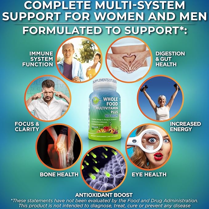 Vegan Whole Food Daily Multivitamin Without Iron Methylated Multivitamin for Women and Men Made with Fruits &amp Vegetables B-Complex Probiotics Enzymes CoQ10 Omegas Turmeric Non-GMO 180 Co