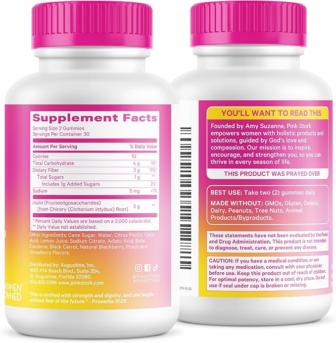 Pink Stork Prenatal Fiber Gummies for Women - 3g Prebiotic Inulin from Chicory Root - Natural Pregnancy &amp Postpartum Stool Softeners for Constipation &amp Digestive Health - 60 Vegan Fiber Chews