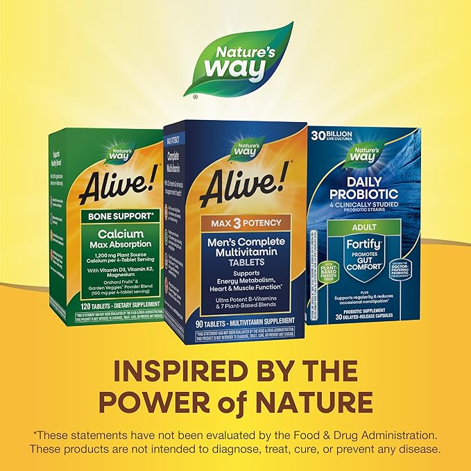 Nature's Way Alive! Men’s Max3 Potency Multivitamins Supports Energy Metabolism* Heart &amp Muscle Function* with Methylated B12 and Folate Gluten-Free 90 Tablets (Pack of 2)