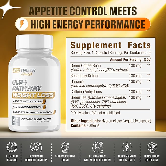 GLP-1 Pathway Weight Loss Pills | Appetite Suppressant for Men &amp Women | Supports Healthy Pathways Associated with GLP-1 Activity | Fat Burner Support + Energy Assist - 60 Capsules for Adults
