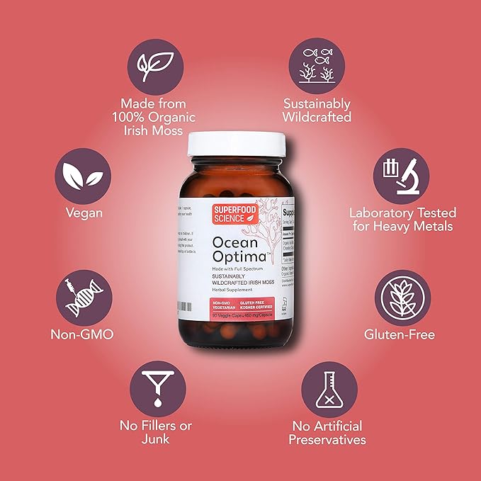 Ocean Optima Organic Sea Moss Capsules (Chondrus crispus) for Skin Nail Hair and Gut Naturally Occurring Kosher Iodine for Thyroid Support Single-Ingredient Wild Irish Seamoss Vegan 90 Servings