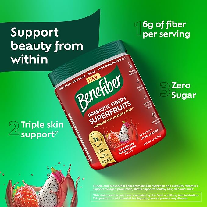 Benefiber Prebiotic GLP-1 Friendly Fiber + Superfruits Dietary Supplement Strawberry Dragon Fruit Flavor 8.8 oz (250g)