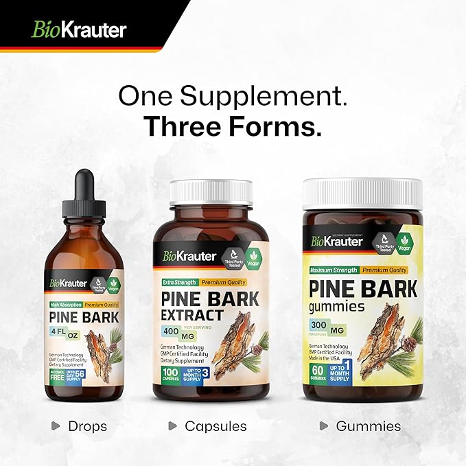 BIO KRAUTER® Pine Bark Extract for Circulatory &amp Antioxidant Support - Vegan French Maritime Pine Bark Herbal Supplements - Natural Antioxidants &amp Skin Support - 400 mg per Serving 100 Сapsul