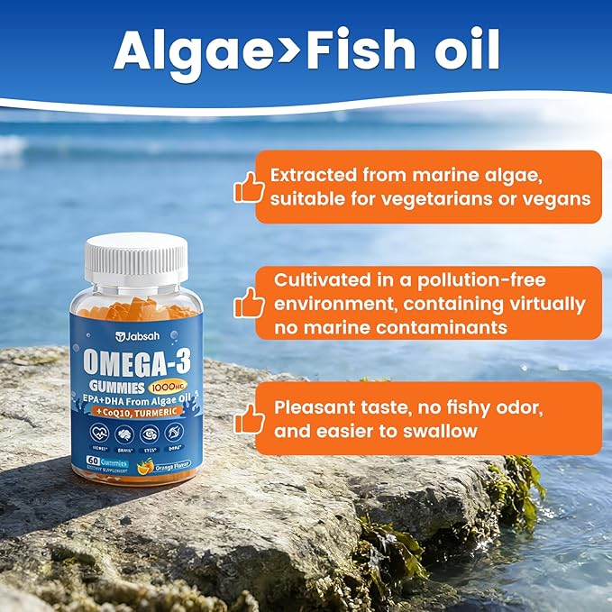 Vegan Omega-3 Gummies 1000mg from Algae Oil (DHA 460mg &amp EPA 230mg) Omega 3 Fish Oil Alternative for Adults Plus Turmeric &amp CoQ10 for Brain Eye &amp Immune Health No Fishy Taste Sugar Fr