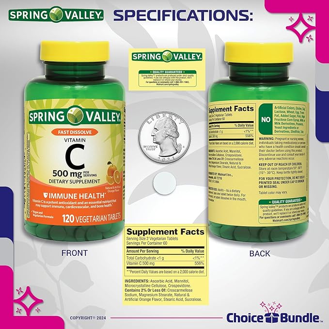 Spring Valley Vitamin C Immune Health Fast Dissolve Chewable Tablets 500 mg 120 Ct 2 Pk (240 Total) + Vitamin Vitality &amp Pill Container (4 Items)!