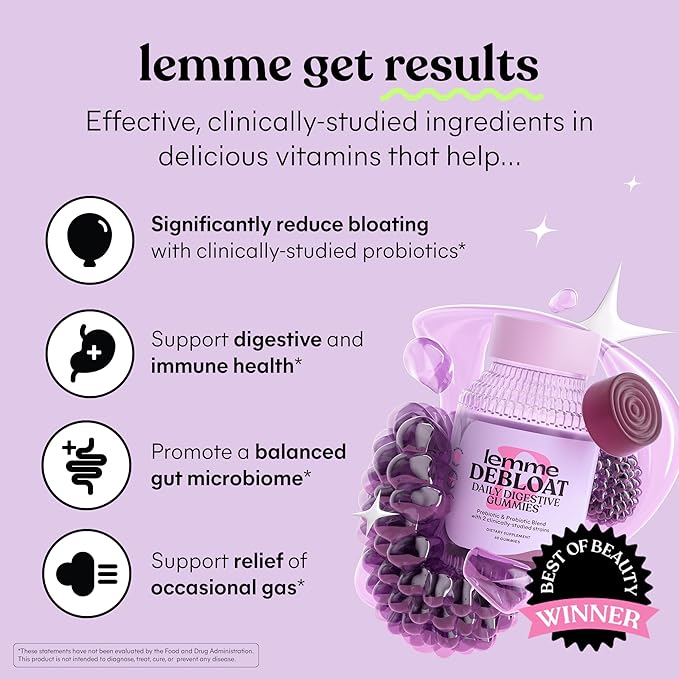 Lemme Debloat - Digestive &amp Gut Health Gummies with 2 Clinically Studied Probiotics &amp Prebiotic Vegetarian Gluten Free Non GMO BlackBerry Flavor (60 Count)