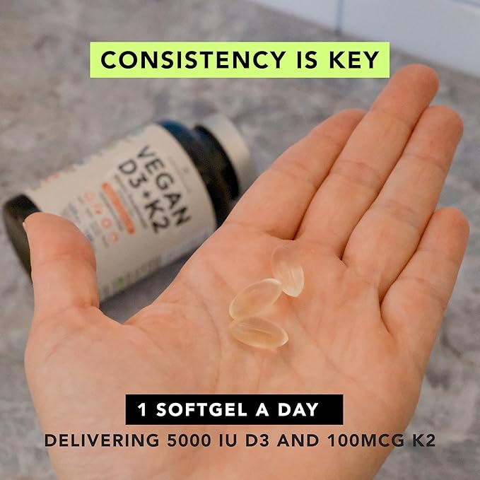 AMANDEAN Vitamin D3 K2. Vegan &amp Plant-Based 5000iu VIT D from Algae. All-Trans MK-7 K2Vital. 120 Softgels. Carrageenan Free. Organic Coconut Oil Blend. for Mood Bones Heart Immune Health.