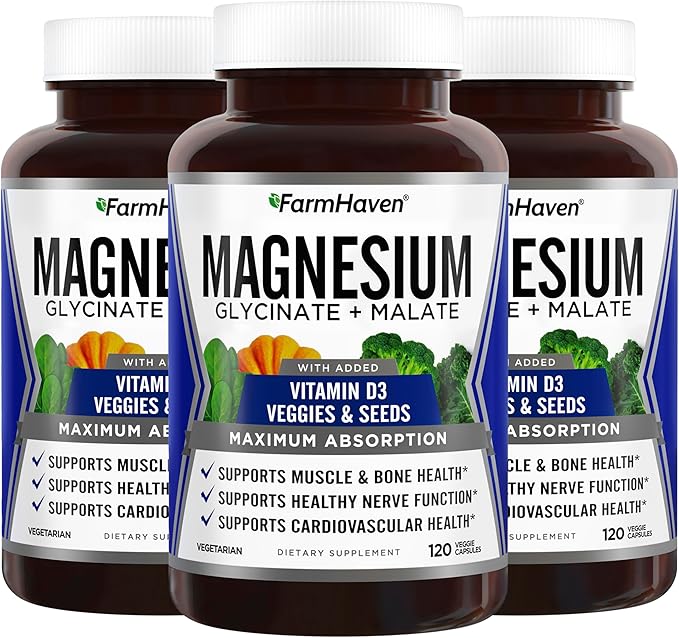 FarmHaven Magnesium Glycinate &amp Malate Complex w/Vitamin D3 100% Chelated for Max Absorption Vegan – Bone Health Nerves Muscles 360 Capsules 180 Days