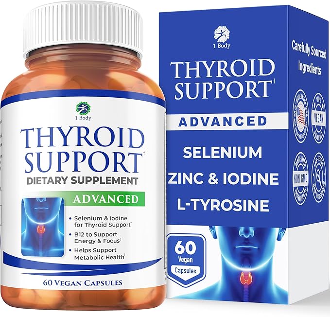 1 Body Thyroid Support Supplement for Women and Men Selenium with Iodine Zinc B12 Ashwagandha and L-Tyrosine Supports Hormone Health Energy and Metabolism 30 Day Supply