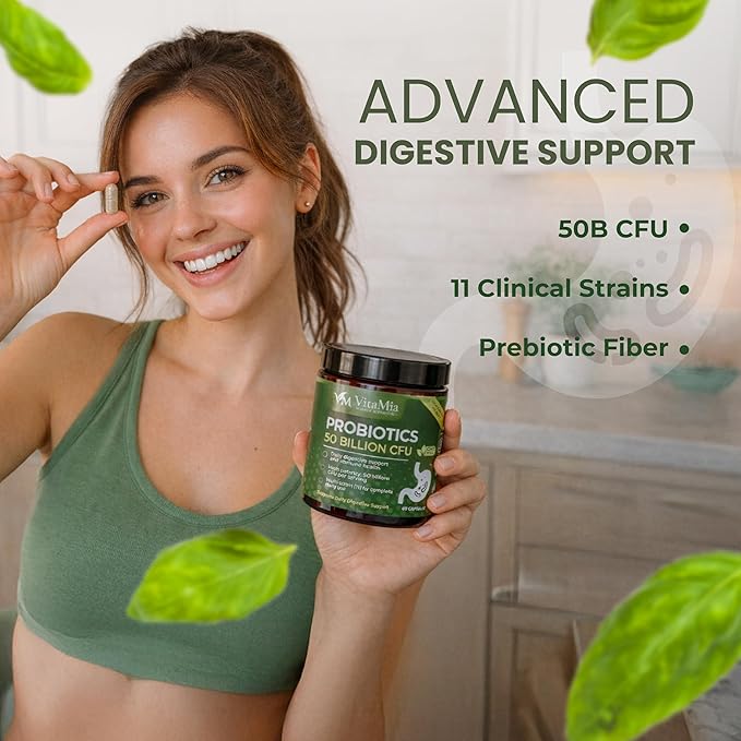 VitaMia Probiotics 50 Billion CFU Probiotic + Prebiotic Fiber Capsules 60 Count 11 Strain Formula – Daily Digestive Balance Gut &amp Immune Wellness for Men &amp Women – Vegan &amp Gluten Free
